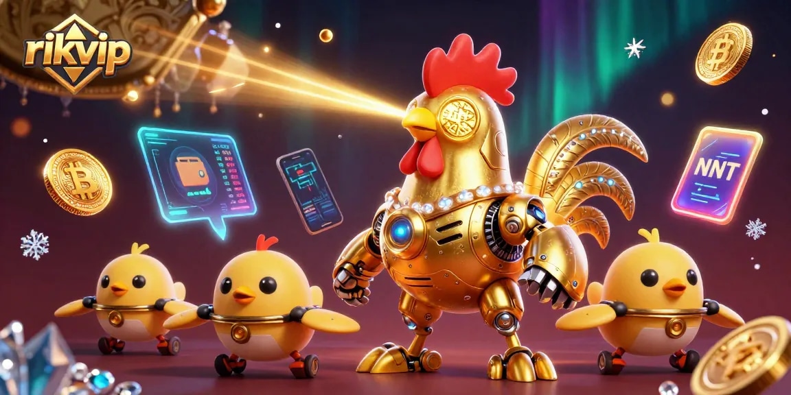 Engage with rikvip as a golden rooster robot leads baby chick drones in a vibrant casino scene.
