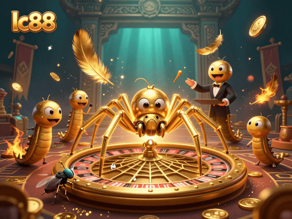Experience thrilling bets at lc88 with a lively spider and croupier in a vibrant casino scene.