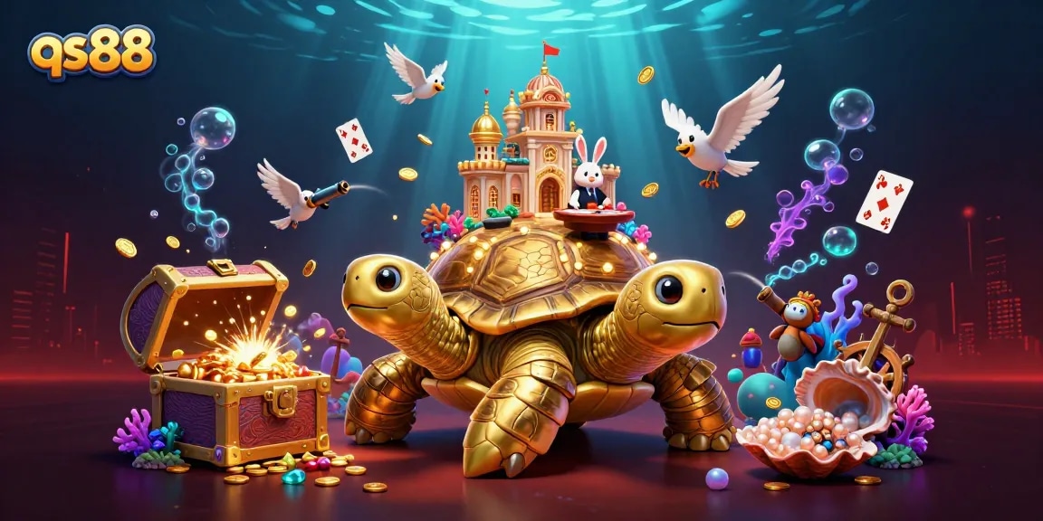 Engage with the dynamic qs88 casino scene featuring a golden tortoise and rabbit dealer amidst a treasure-filled backdrop.