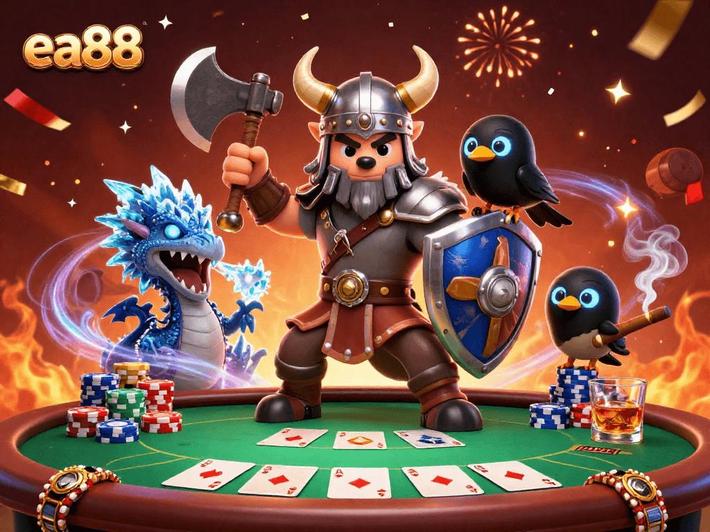 Engage in thrilling gaming at ea88 with a Viking warrior, dragon, and raven amidst a vibrant poker scene.