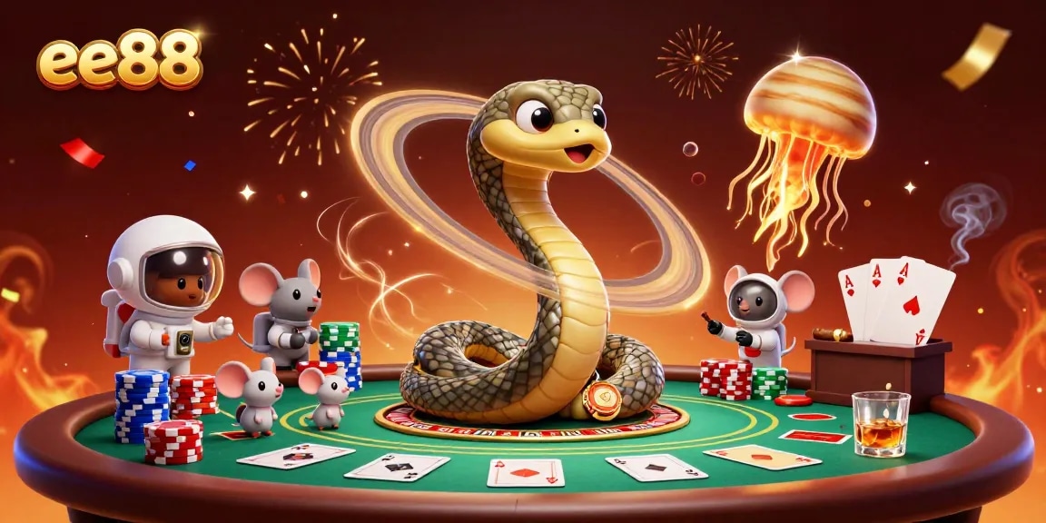 Engaging illustration of ee88’s dynamic casino scene with cartoon characters and gaming elements.