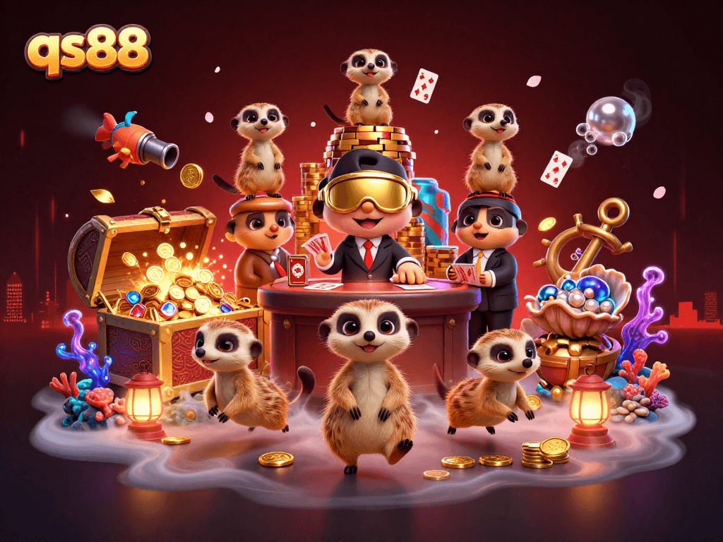 Experience thrilling wins at qs88 with meerkats managing a vibrant casino scene filled with games and treasures.