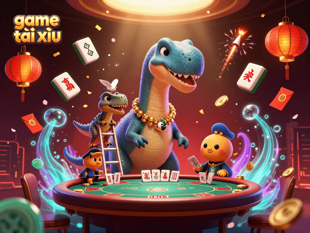 Experience the thrill of game tài xỉu in a vibrant casino scene with dynamic characters and elements.