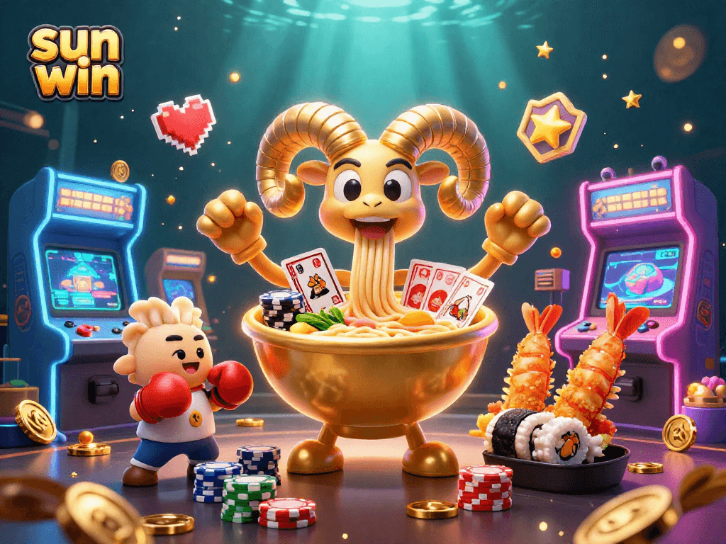 Engage with the thrilling world of sun win, where a giant ramen bowl deals cards and stacks chips in an exciting gambling scene.