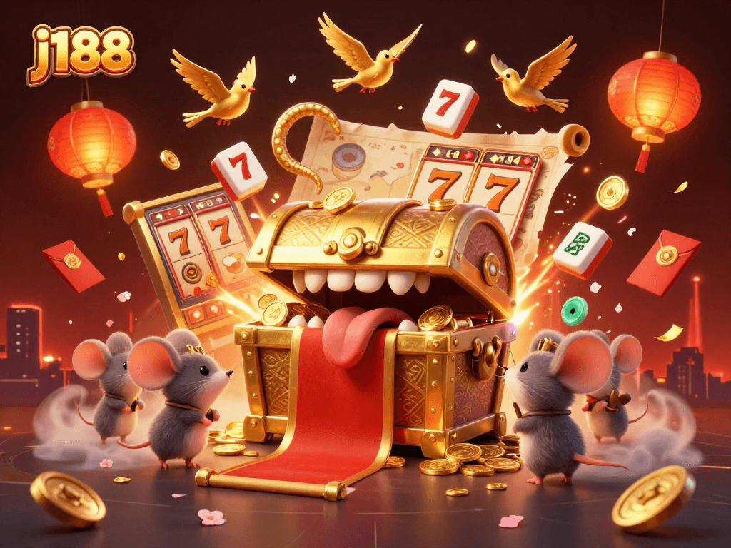 Experience exciting gameplay at j188 with vibrant treasures and captivating casino elements in a 3D illustration.