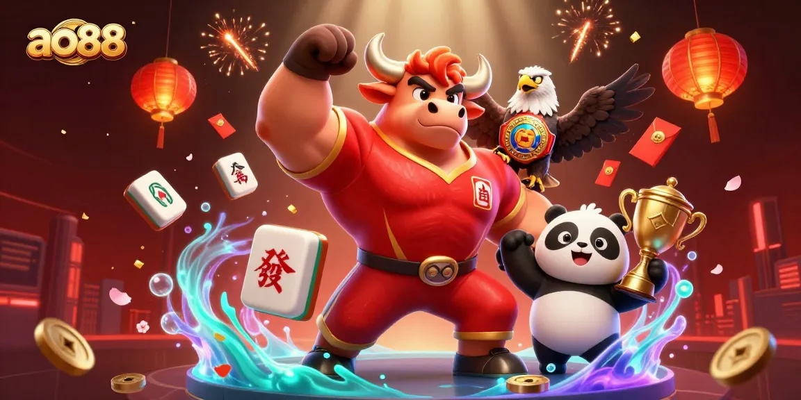 Experience exciting wins at ao88 with vibrant casino elements and charming characters in a lively atmosphere.