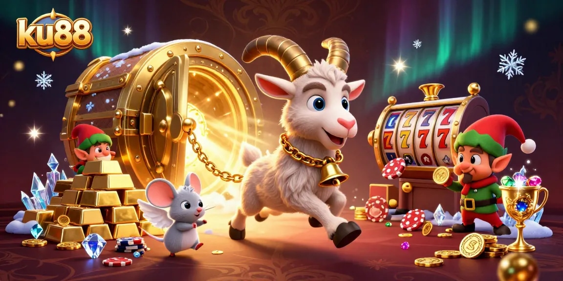 ku88's festive holiday-horror casino illustrated with Krampus and angel, showcasing vibrant riches.
