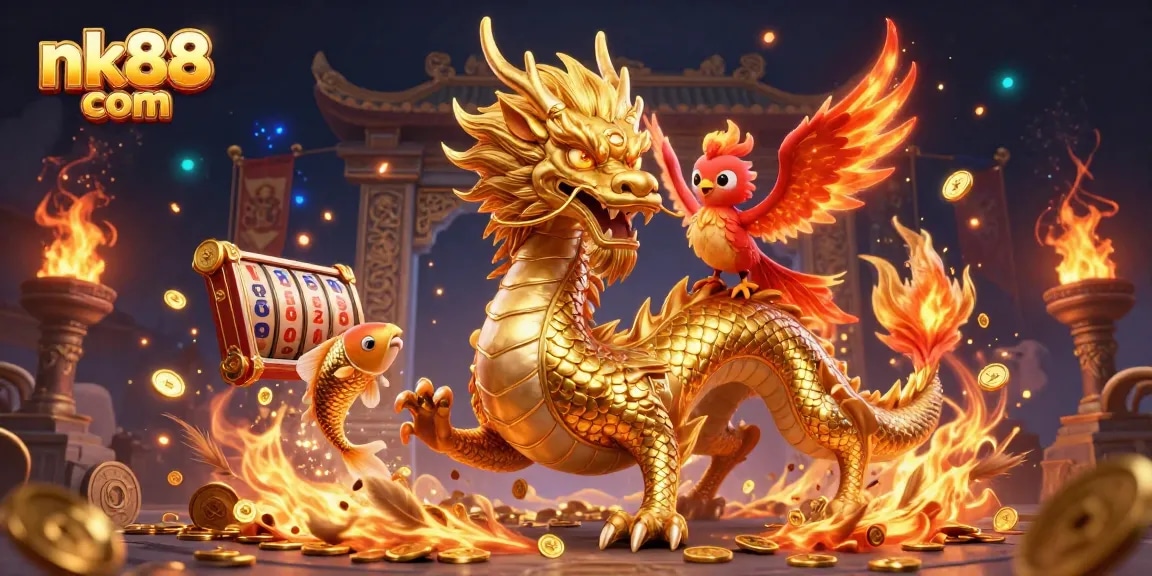Experience the thrill of nk88 com with a vibrant 3D illustration of dragon and phoenix amidst slot treasures.