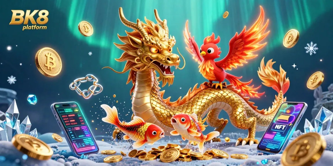 Engage with the BK8 platform featuring a golden dragon and koi fish in a vibrant casino scene.