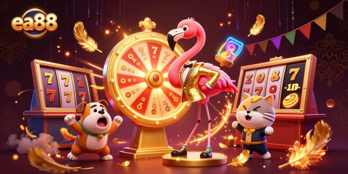 Spin the golden prize wheel at ea88 while surrounded by vibrant casino elements and exciting characters!
