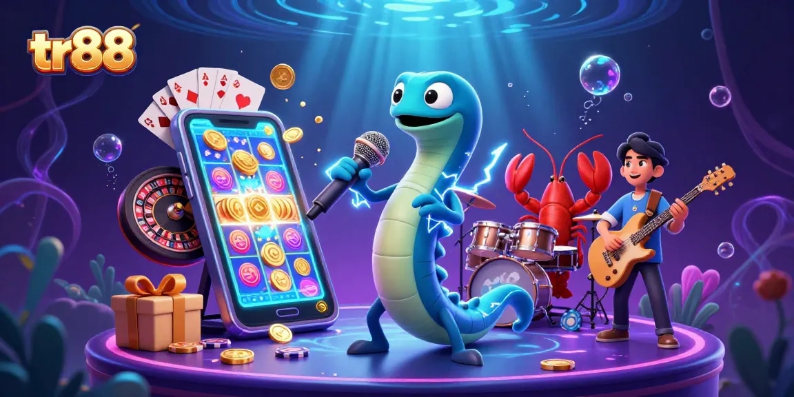tr88 showcases an electric eel DJ at a vibrant underwater casino, featuring colorful slot games and fun elements