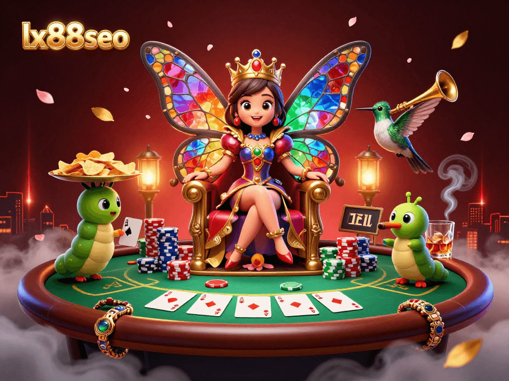 Engage with lx88seo's vibrant casino scene depicting a butterfly queen amidst poker tables and vibrant game elements.
