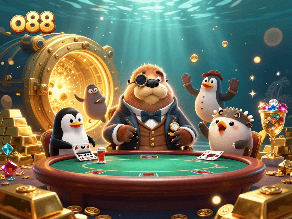 Join the underwater poker game in style with o88, featuring colorful characters and vibrant treasures.