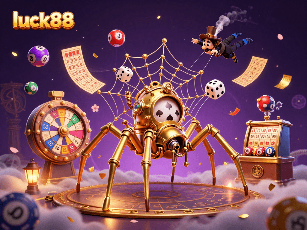 Experience luck88 in a vibrant casino scene with a golden spider and colorful lottery activities.