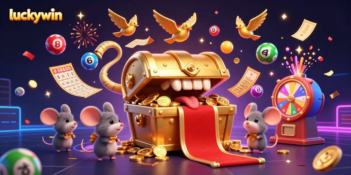 Win big with luckywin as adventure mice chase riches in this vibrant 3D casino illustration.