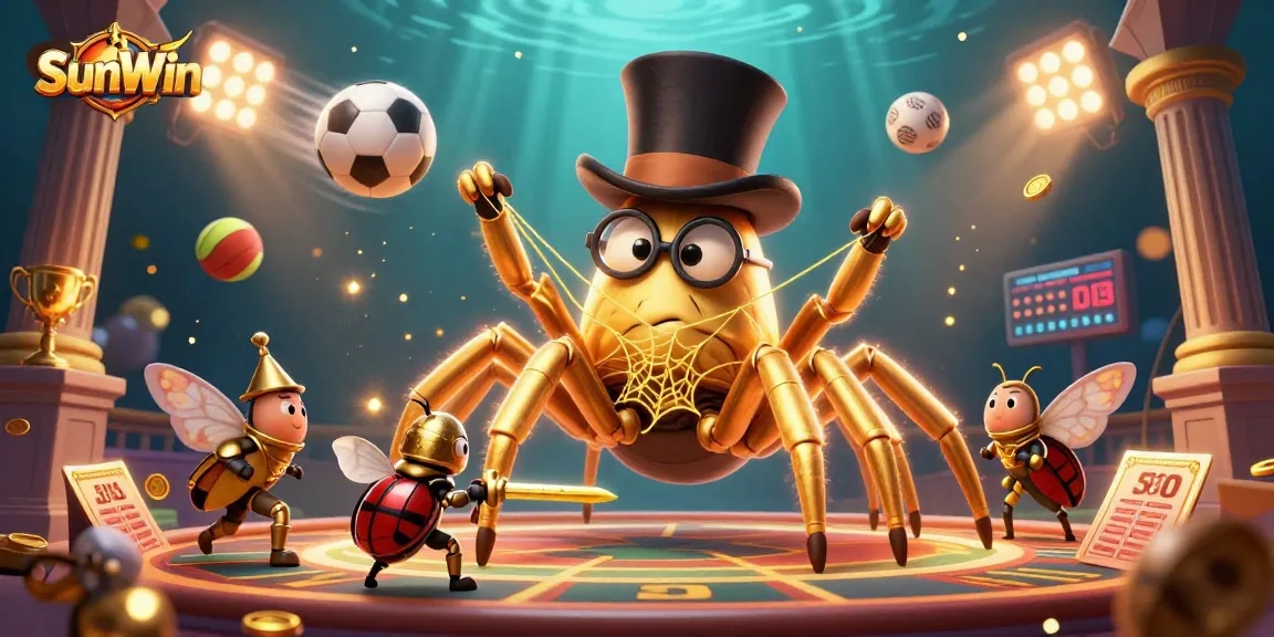 Experience SunWin with a 3D illustrated adventure featuring a golden tarantula and dynamic sports elements.