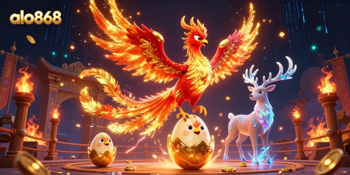 Experience vibrant gameplay at alo868 with a phoenix soaring and golden tokens surrounding you.