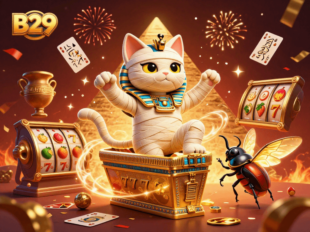 B29 offers thrilling gaming experiences as the Egyptian mummy cat and scarab beetle light up the pyramid casino.