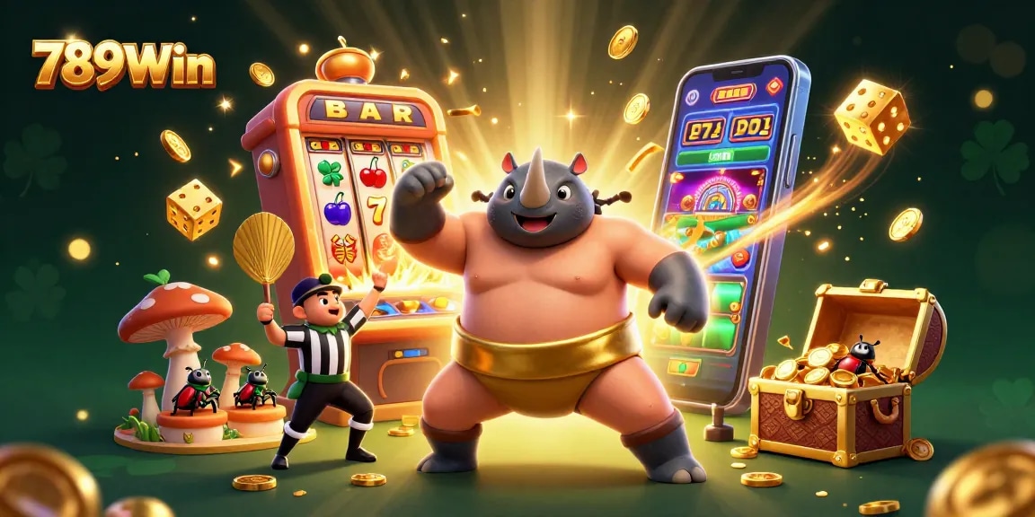 Experience thrilling gameplay with 789Win as a cartoon rhinoceros beetle sumo champion leads the jackpot action in a 3D casino.