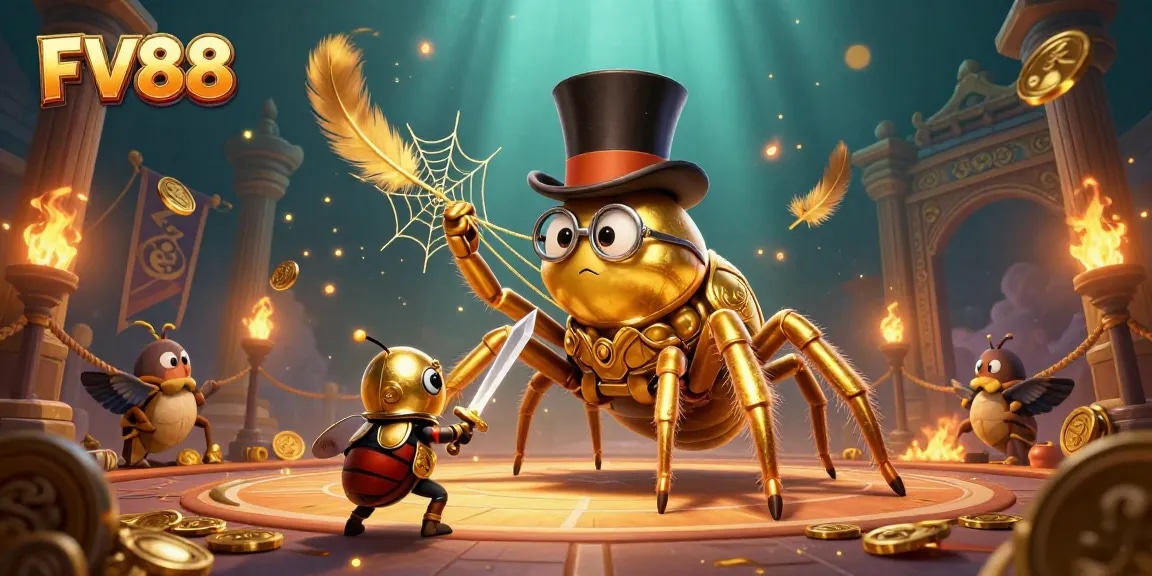 Experience thrilling gameplay with FV88, where a giant golden tarantula and a brave beetle knight navigate a dazzling casino.