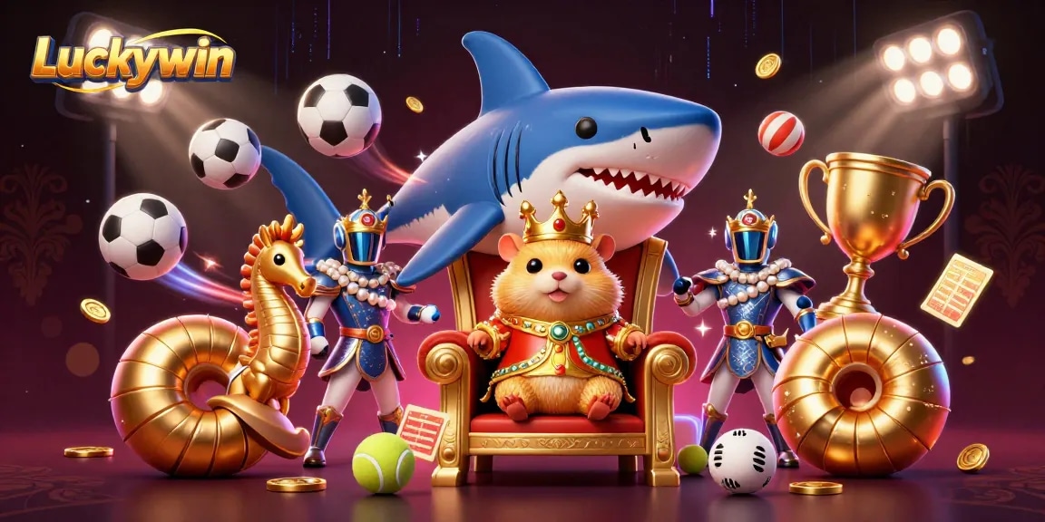 Luckywin showcases a vibrant 3D scene with a golden hamster king and dynamic sports betting elements.