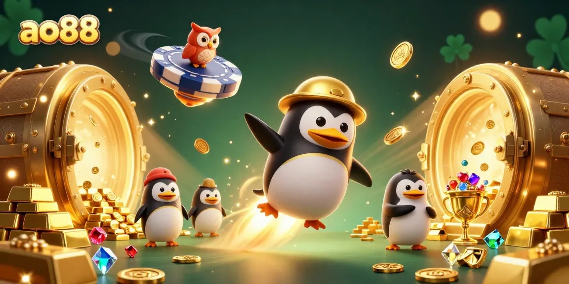 Engage with ao88 as a golden penguin rockets to a casino station, surrounded by treasures and excitement.