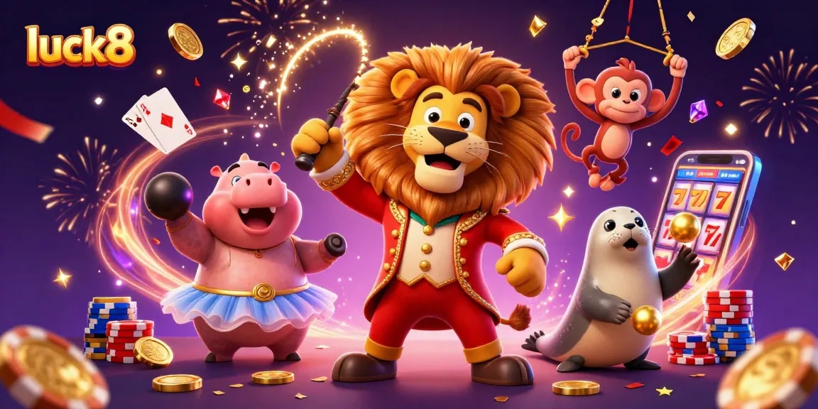 Luck8 presents a vibrant scene with a circus ringmaster lion, hippo, monkey, and seal amidst flying casino gold and jewels.