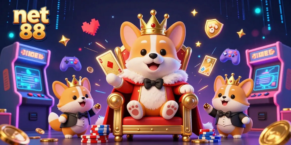 Spin the reels of net 88 with a 3D cartoon royal corgi in a vibrant casino scene.