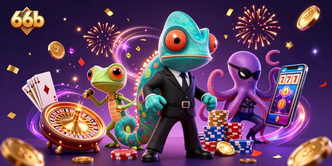 66b chameleon agent and companions celebrate wins with coins and casino games in vibrant illustration.