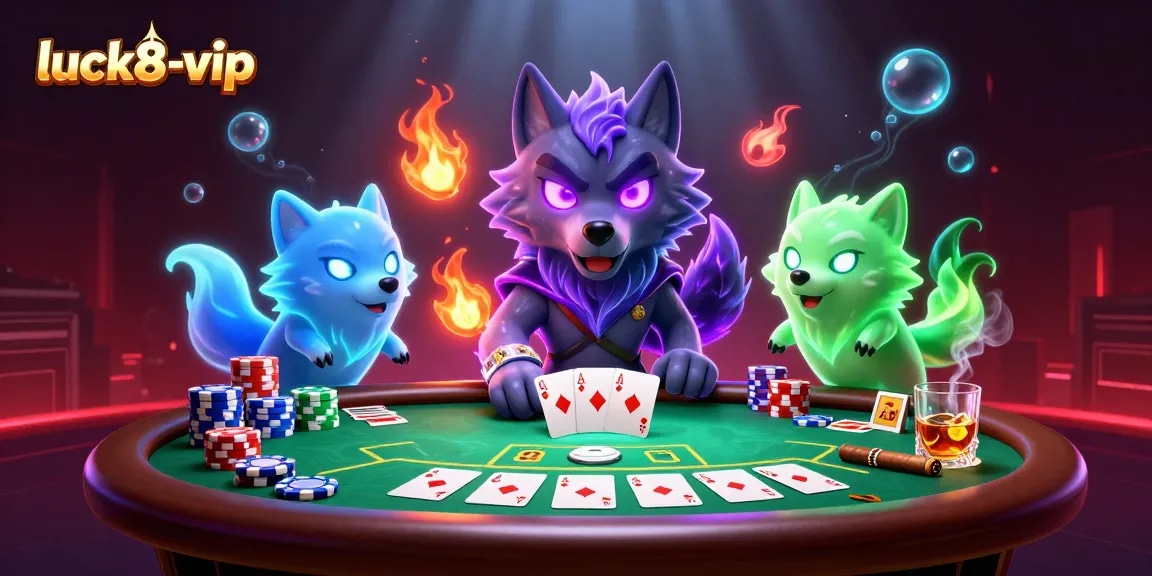Experience the thrills of luck8-vip with ghostly wolves playing poker in a vibrant, dynamic casino scene.