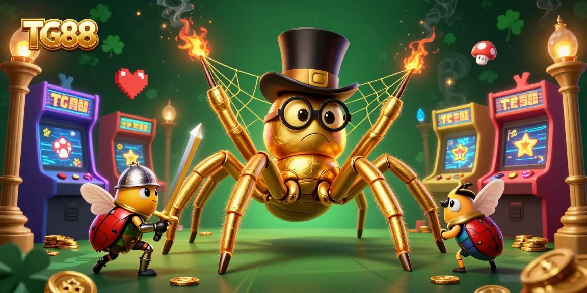 Join the adventure at TG88, where a charming golden tarantula weaves excitement in this casino-themed illustration.