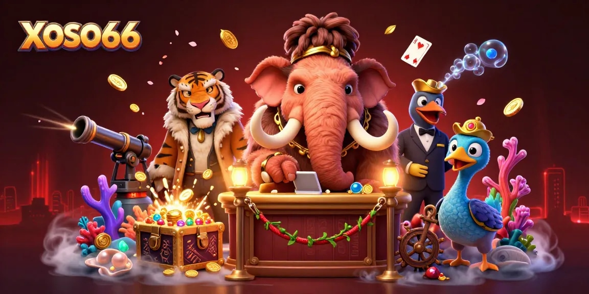 XOSO66 showcases vibrant casino characters amid treasure, floating cards, and a dynamic background.