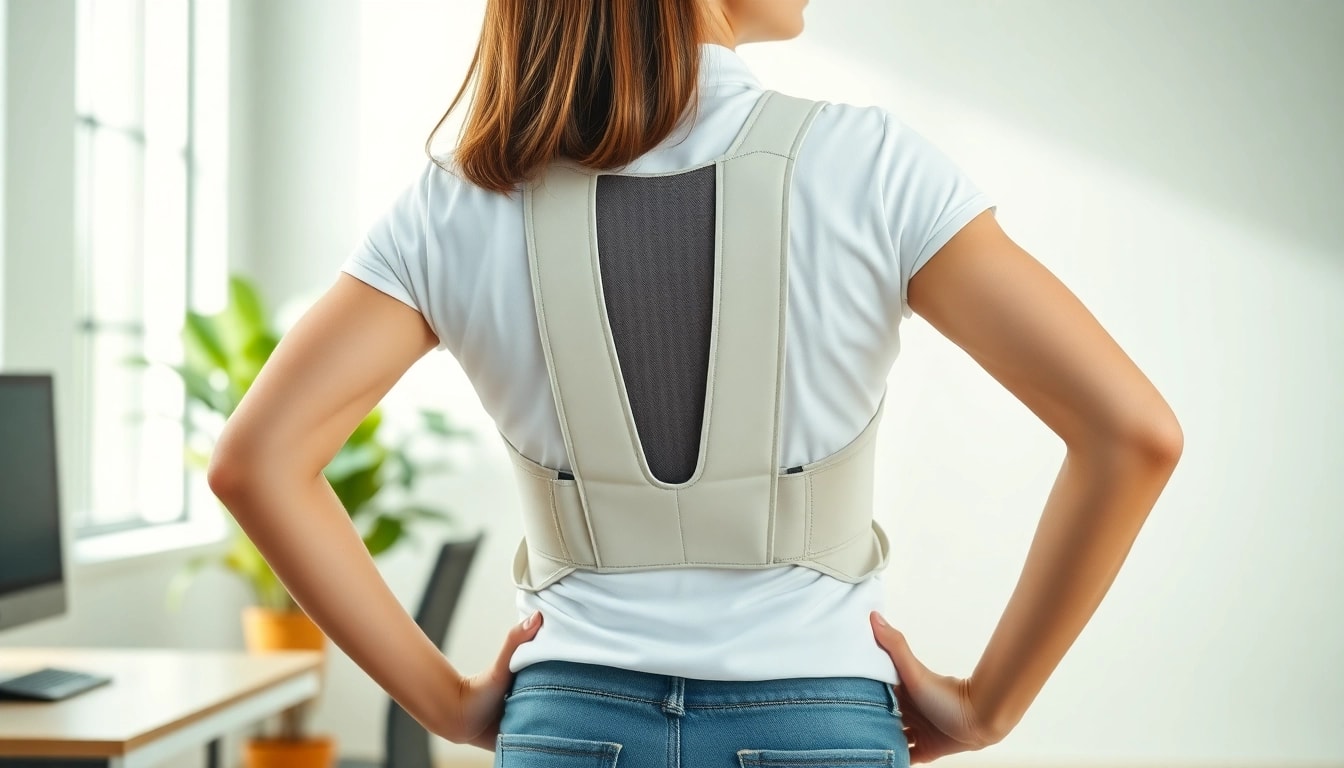 Model demonstrating a posture corrector in a bright office, promoting healthy posture.