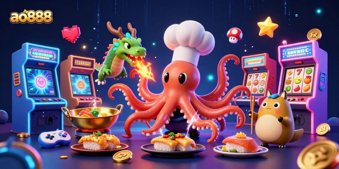 Experience thrills with ao888 as a sushi chef octopus and dragon create golden dishes in a vibrant casino scene.