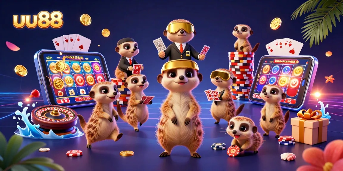 Experience thrilling gaming at uu88 with meerkats running a vibrant casino operation featuring slot games.