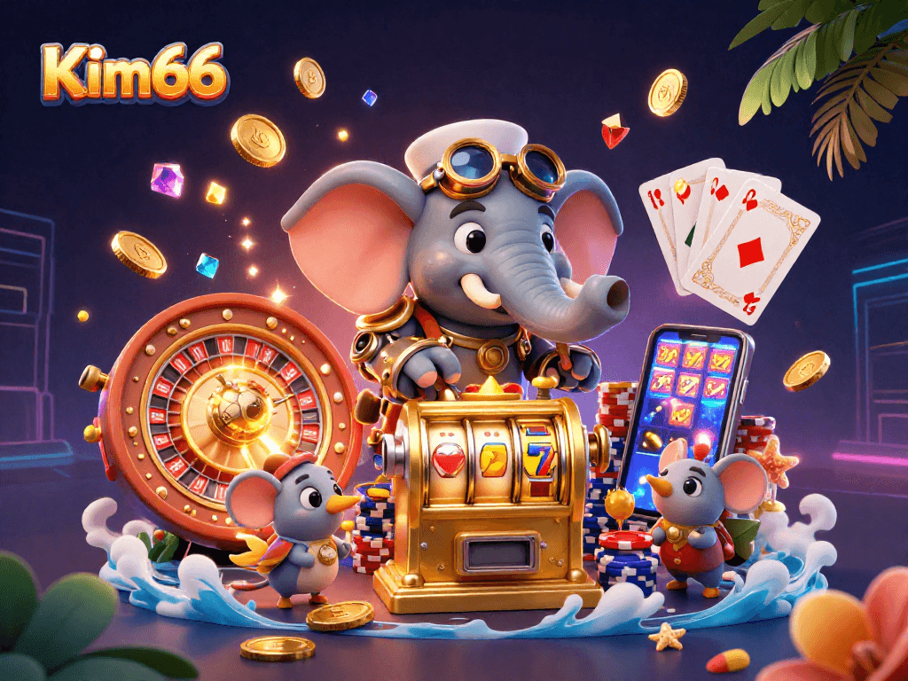 Win big with Kim66 at the casino, featuring a steampunk elephant engineer and vibrant slot games.