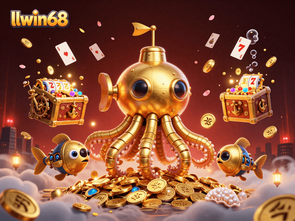 Experience winning with llwin68 in this vibrant 3D underwater treasure hunt illustration packed with casino flair.