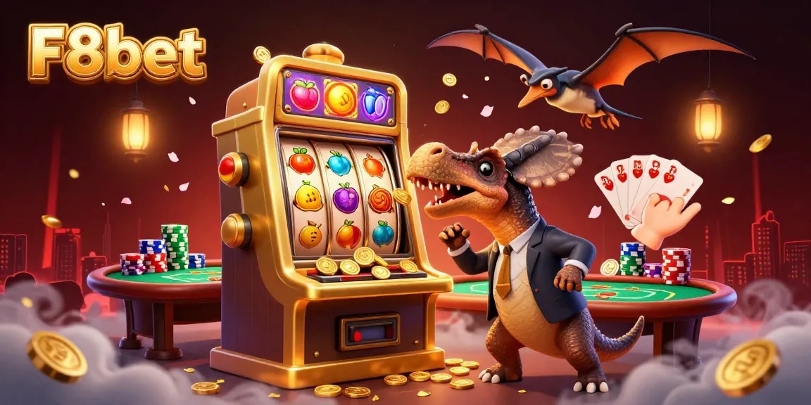 F8bet offers thrilling jackpots with a dinosaur headbutting a slot machine amid vibrant casino elements.