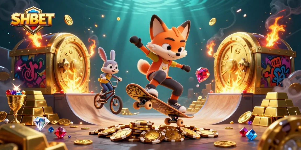 Experience excitement at SHBET with a fox skateboarder and rabbit BMX rider in a vibrant casino scene.