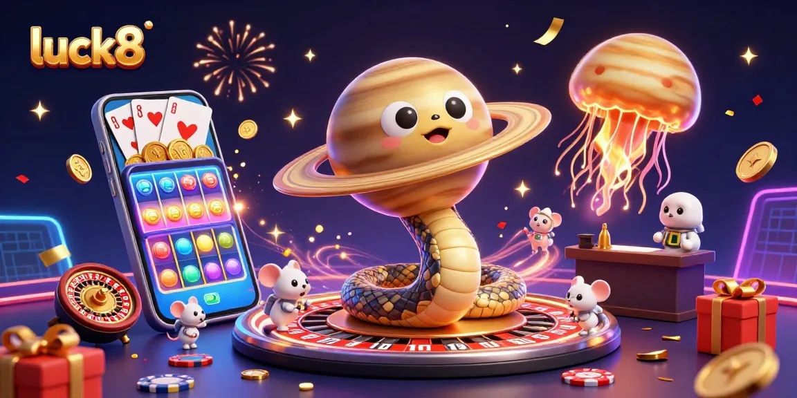 luck8 players engaging with vibrant casino games amidst a cosmic backdrop, enjoying thrilling action