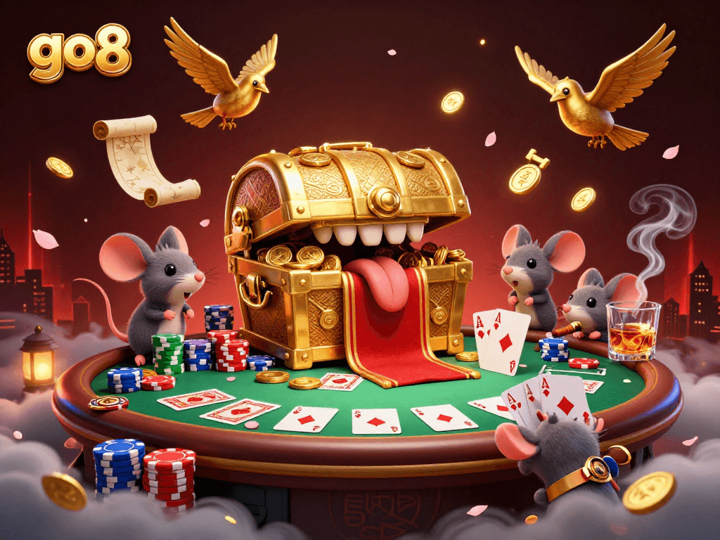 Experience thrilling wins with go8's vibrant casino-themed illustration showcasing a treasure chest luring adventurer mice.