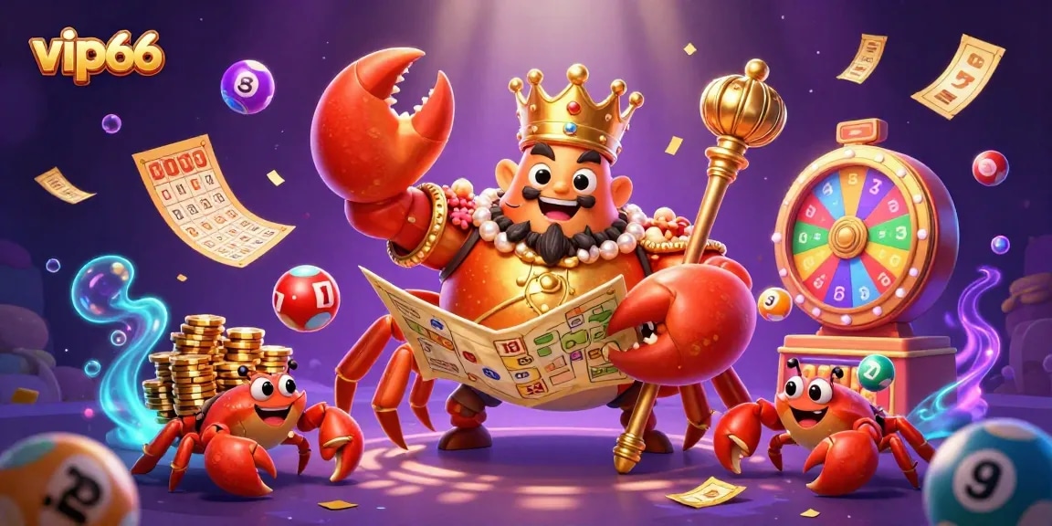Experience thrilling wins at vip66 with our exciting golden crab emperor surrounded by vibrant lottery elements.