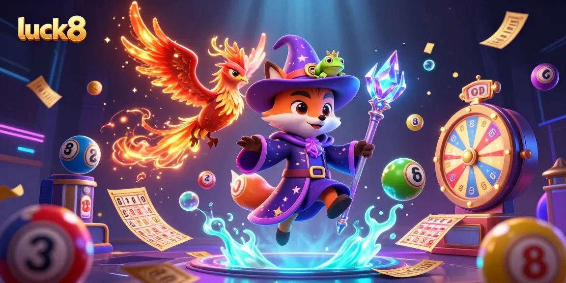 Experience the thrilling world of luck8 with a dynamic scene of fantasy characters, lottery elements, and vibrant visuals.