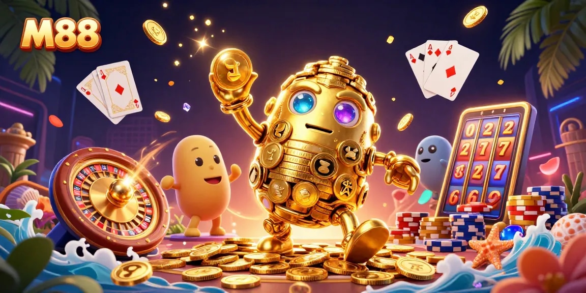 M88 online casino features an ancient gold golem amidst flying coins and vibrant gaming elements.