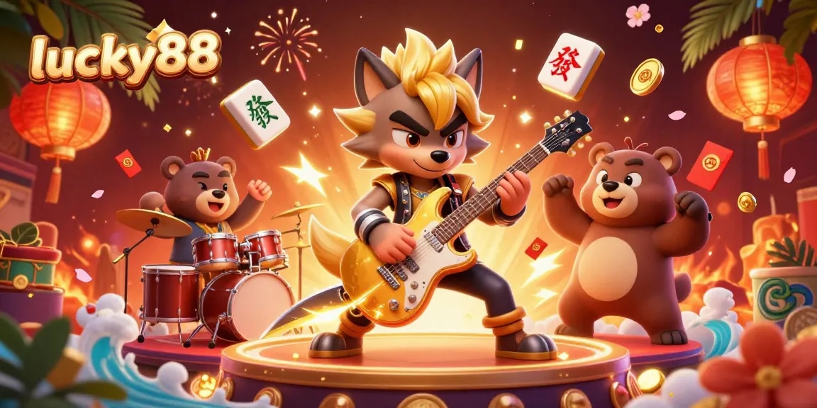 Join the action at lucky88 with a vibrant casino illustration featuring a rock star wolf and lively game elements.