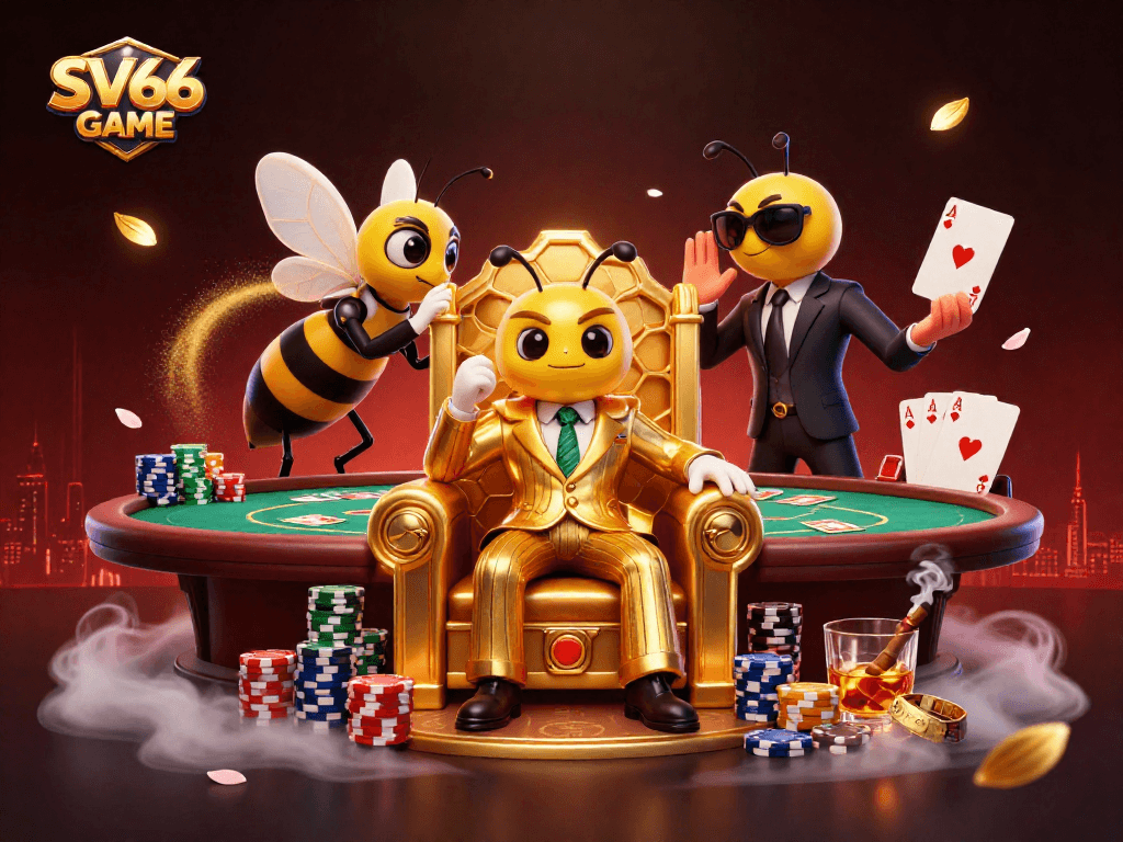 Engage with SV66 GAME's thrilling casino experience featuring a bumblebee mob boss and vibrant poker elements