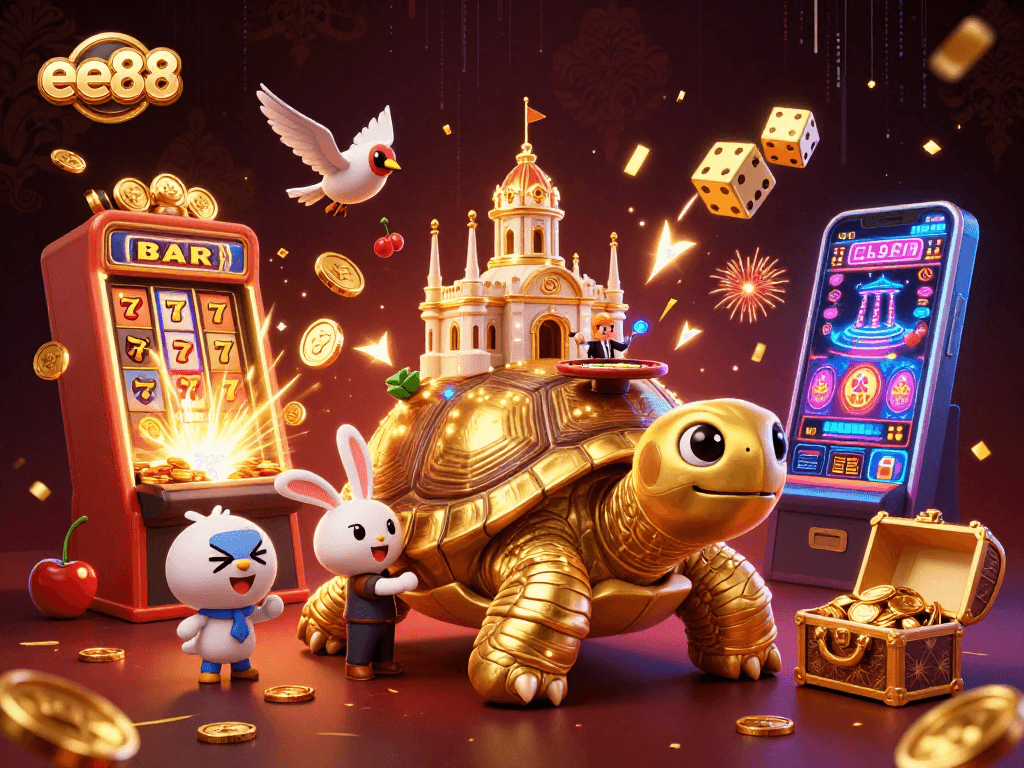 Experience the thrill of gambling at ee88 with a vibrant 3D cartoon illustration showcasing a golden tortoise casino!