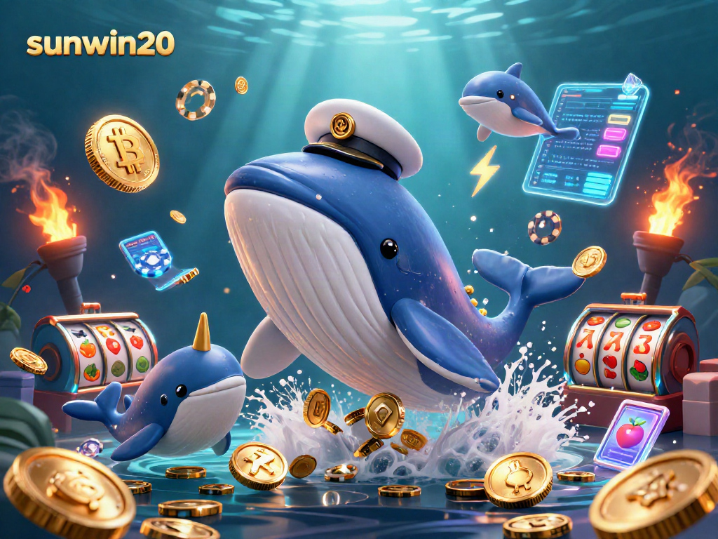 Experience the excitement of sunwin20 with a whale, narwhal, and dolphins in a vibrant casino illustration.