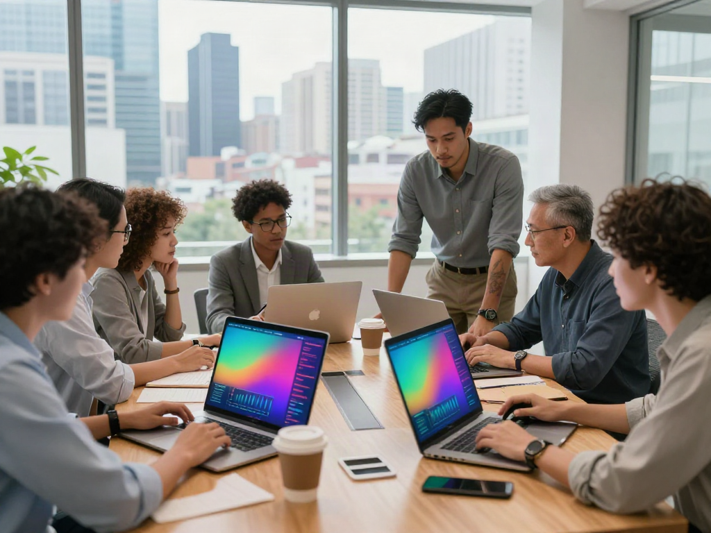 Team discussing strategies in a modern workspace, my review here captures collaboration and creativity.