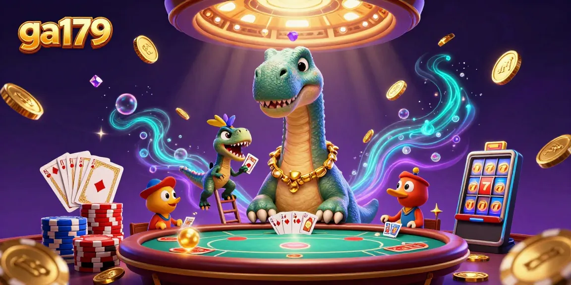 Experience the thrill of ga179 with a playful brontosaurus and raptor dealer amidst a vibrant casino scene.